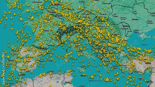 Time lapse Air traffic density map showing commercial flights across Europe, aviation monitoring interface with crowded aerial routes