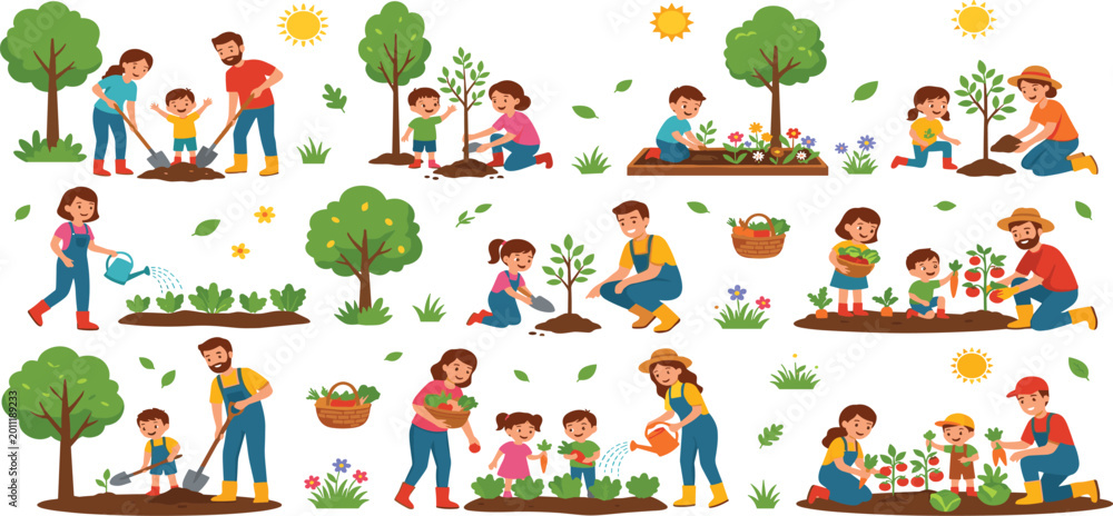 Obraz premium Diverse happy families and children gardening together planting trees watering crops and harvesting vegetables vector illustration set