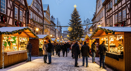 A majestic Christmas tree stands in the old town city center of Riga, surrounded by historic European architecture, narrow streets, and people visiting the cathedral in the urban park