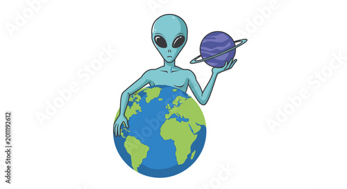 Photos Alien holding planet earth and a ringed planet