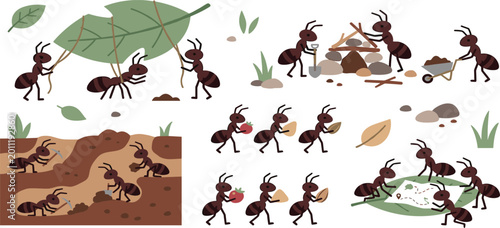 Schilderij op canvas Hardworking ant colony set featuring ants planning with map building shelter and