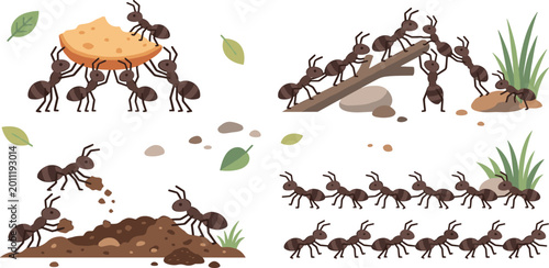 Fotografi Industrious ant colony teamwork set building bridges carrying heavy food and wor