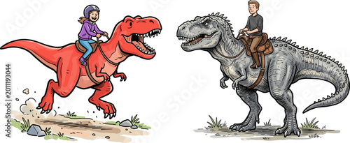 Bild auf Leinwand People Riding Dinosaur Illustration Set with T Rex Characters, Adventure Concept
