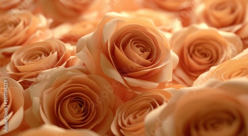 Close up macro photography of many soft peach colored roses arranged in a dense floral pattern with a shallow depth of field creating a romantic and elegant background texture