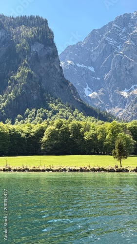 Turquoise Alpine Lake with Meadow and Rocky Mountain Peaks