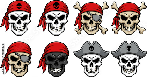 Foto Pirate Skull Mascot Vector Set Featuring Jolly Roger Crossbones with Red Bandana