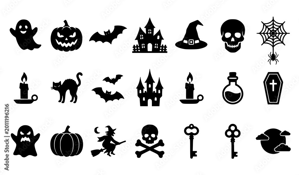 Fototapeta premium Halloween icon set vector with ghosts pumpkins bats and haunted house silhouettes isolated on white background
