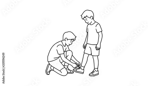 Quadro su tela Kids helping each other line art vector with boy tying shoelace friendship teamw