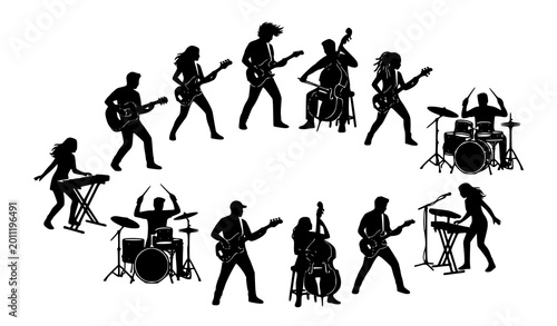 Photos Musician silhouette icon set with band performers and instruments isolated on wh