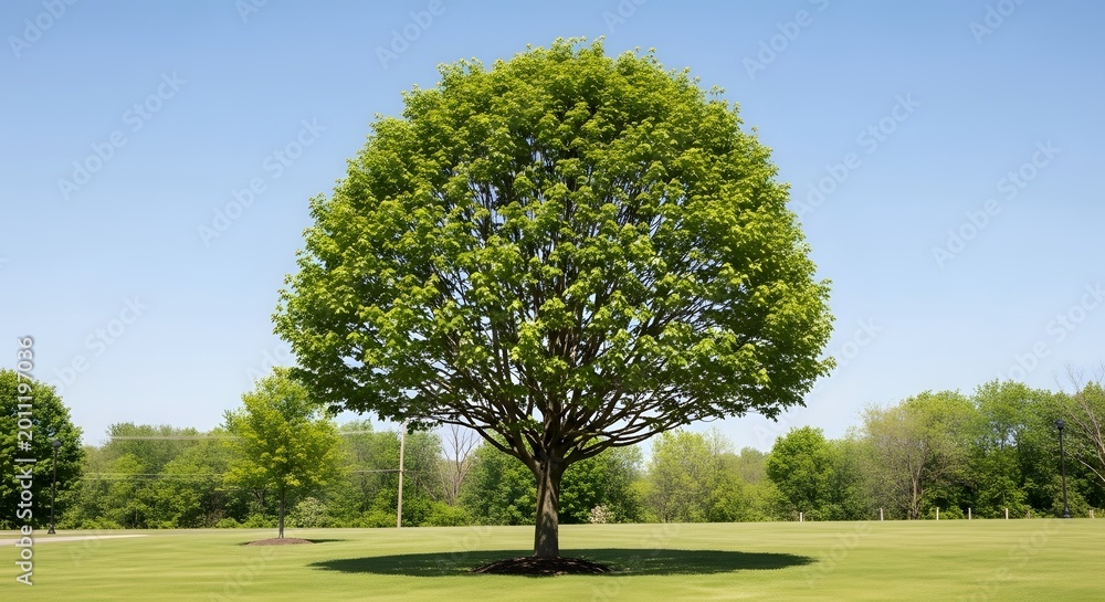 Fototapeta premium A Majestic Oak Tree Stands Tall in a Lush Green Field Under a Clear Blue Sky.
