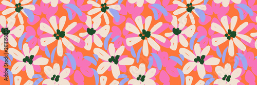 Quadro su tela Seamless bold floral pattern with abstract flowers in vibrant pink, cream, and blue on a bright orange background