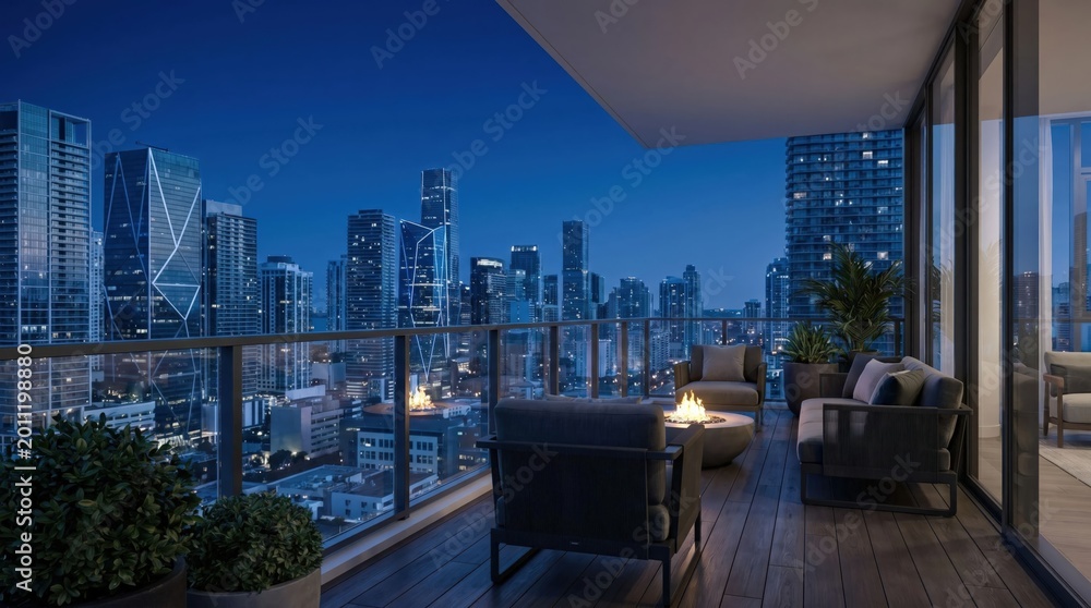 Fototapeta premium Modern luxury penthouse balcony with fire pit lounge area and panoramic city skyline view at night