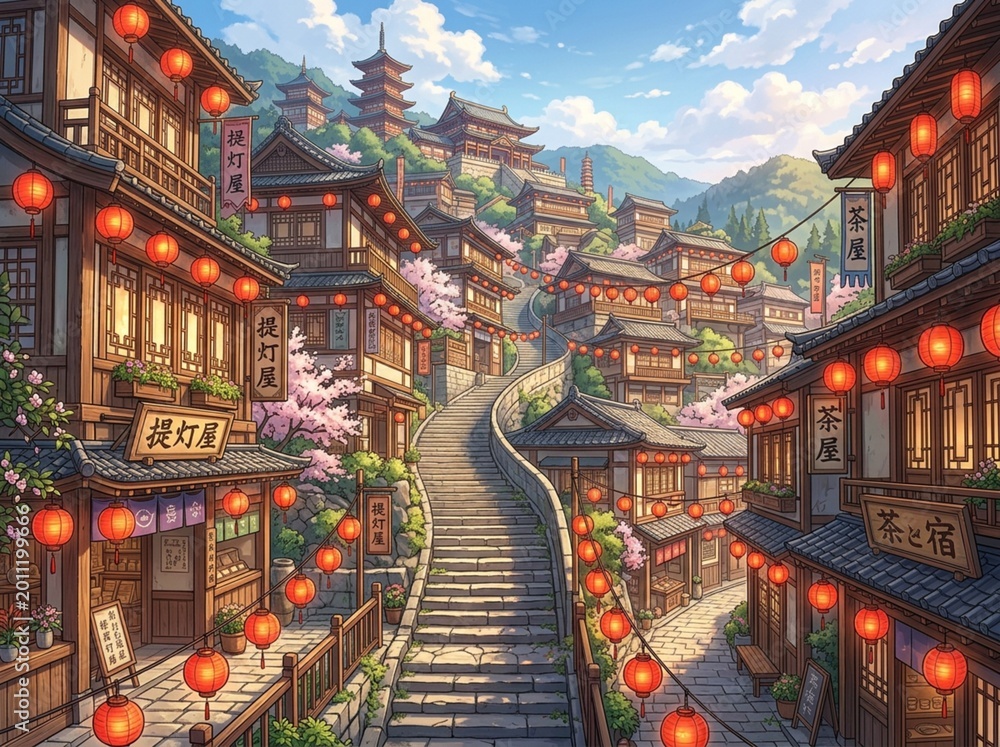 Obraz premium Traditional Asian Town with Red Lanterns