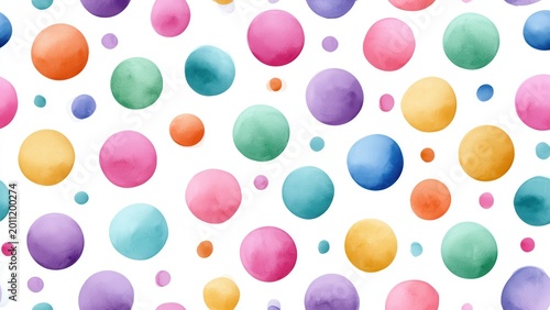 Bright, cheerful watercolor polka dots scattered on white, forming a fun, artistic pattern for creative projects.