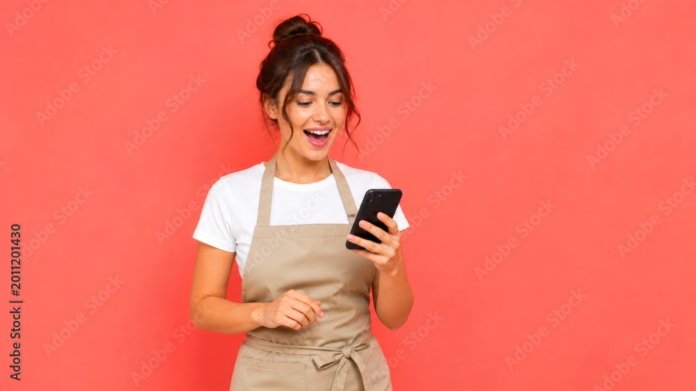 Naklejka premium Happy Young Woman in Apron Using Smartphone on Bright Coral Background