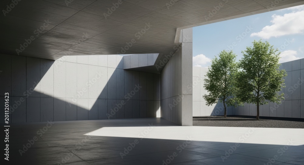 Fototapeta premium Modern Architecture Concrete Building with Natural Light and Trees