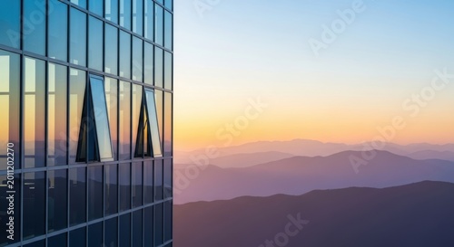 Modern Glass Office Building Facade Reflecting Sunset Mountains Landscape