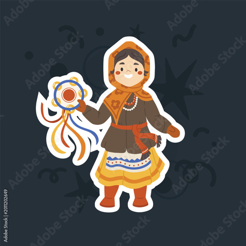 Character in traditional Russian carnival costume and with a tambourine in ribbons. Seasonal folk holiday Maslenitsa. Traditional Russian carnival. Shrovetide festivities.