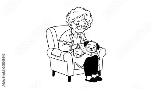 Obraz na płótnie Senior Woman Sitting with Dog on Lap Cozy Hand Drawn Cartoon Vector Illustration