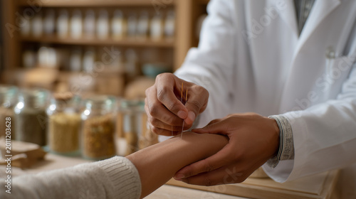 Close-up of a traditional Chinese medicine practitioner's hands placing acupuncture needles along a patient's forearm in a contemporary integrative hospital environment, clinical equipment and herba
