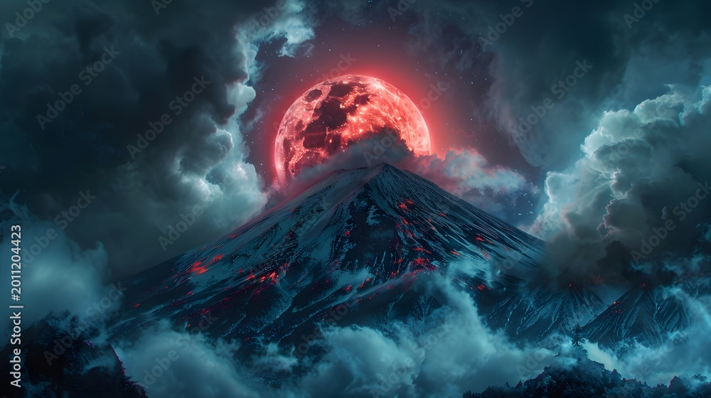 Fototapeta premium Dark Gothic Mount Fuji Under a Crimson Blood Moon Fantasy Landscape
