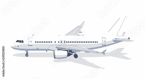 A detailed, realistic illustration of a modern commercial airplane depicted from the side view, with its shadow cast on a plain white background
