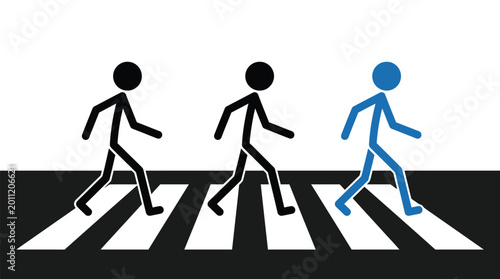 Εκτύπωση καμβά Three stick figures walking across a zebra crossing with one blue figure standin