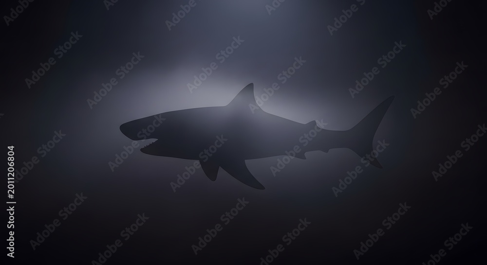Fototapeta premium Mysterious Great White Shark Lurking in Dark Ocean Depths.