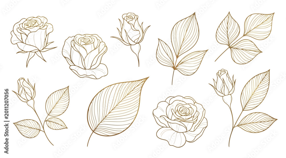 Fototapeta premium Set of golden rose flowers and leaves