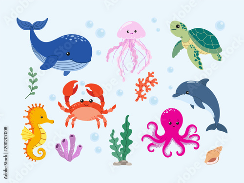 Konstfotografi Cartoon ocean animals collection, colorful marine life icons, flat vector set