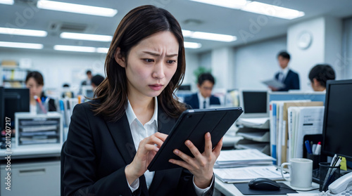 忙しいオフィスでタブレットを見つめて困惑する女性社員。アジア人、日本人。コピースペースあり