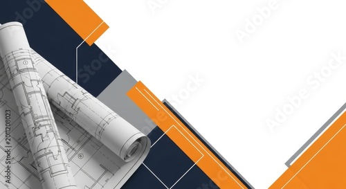 Rolled architectural blueprints with grid lines, on a dark blue and orange geometric background.