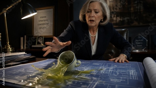 Senior Businesswoman Spilling Drink on Architectural Blueprints in Professional Office