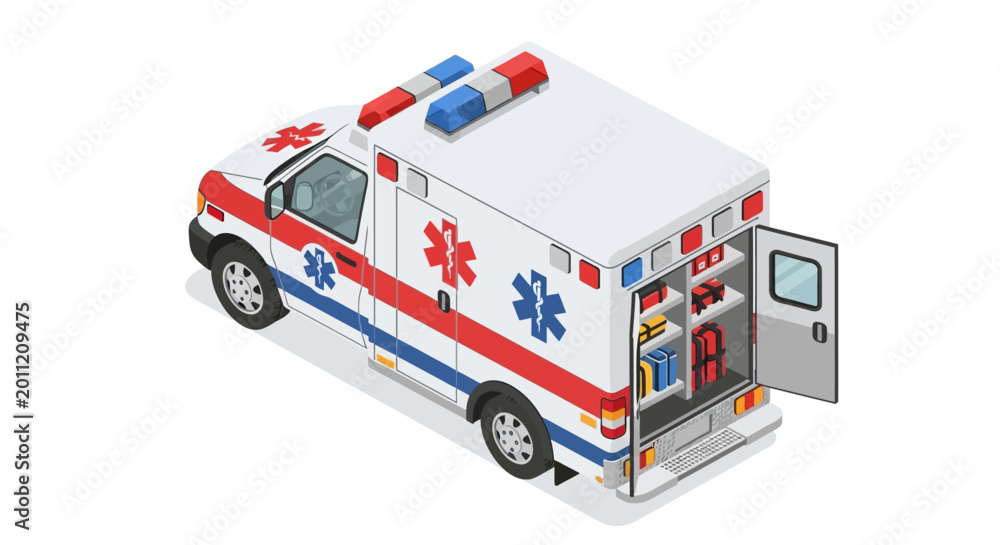 Fototapeta premium Detailed isometric illustration of a modern emergency medical services ambulance, showcasing its specialized equipment and open rear for rapid patient transport and critical care readiness