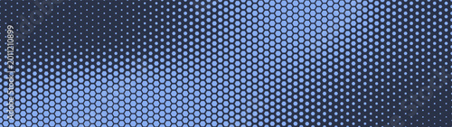 Bild auf Leinwand Hexagonal grid halftone pattern smooth blurred fluid texture ultra wide 32:9 aspect ratio navy blue vector abstract background