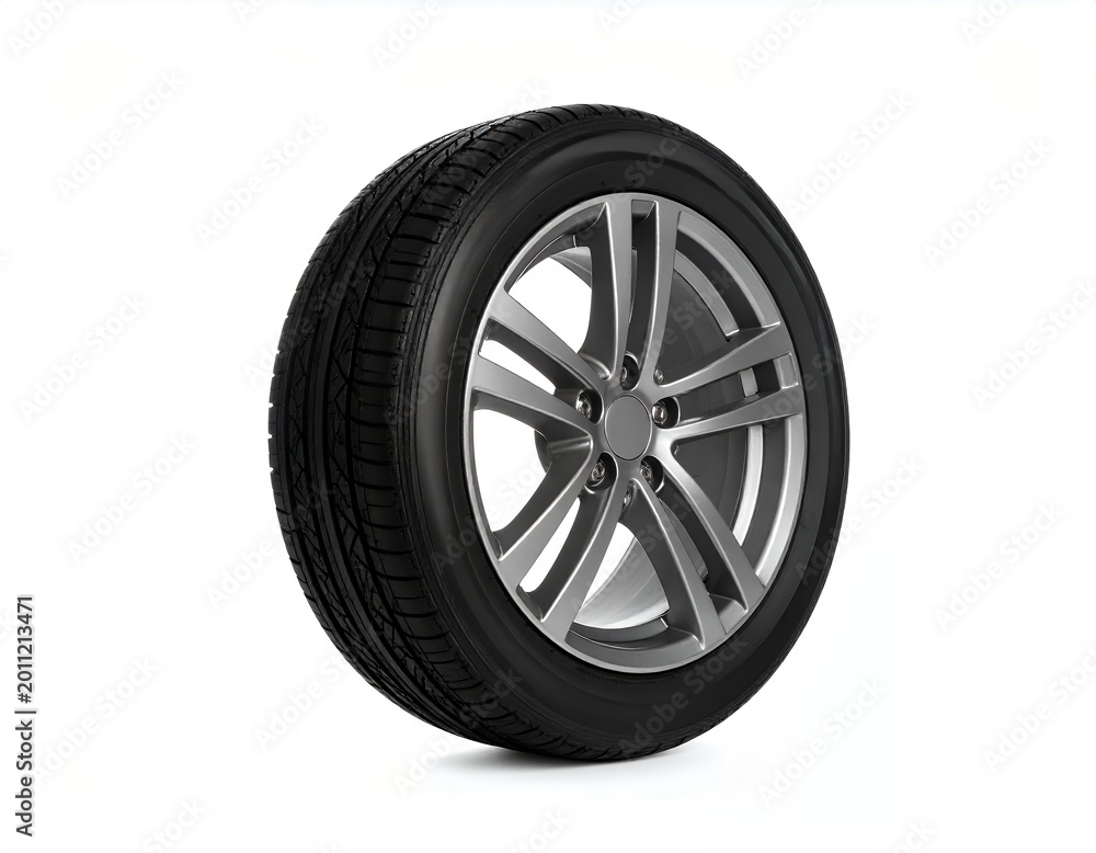 Fototapeta premium Modern Car Wheel with Alloy Rim and Rubber Tire Isolated on White Background.