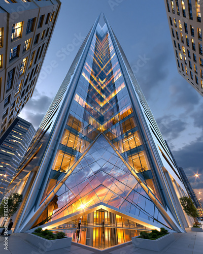 Modern glass skyscraper in the city at sunset with illuminated office lights, urban high tech architecture tower, business district skyline, corporate city landscape background

