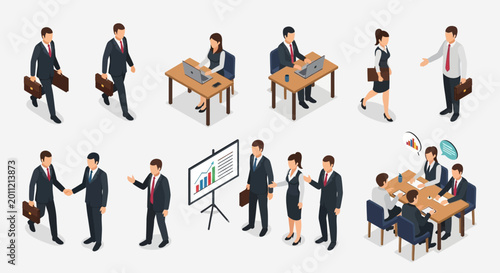 Business People Meeting and Working Together Isometric Illustration.