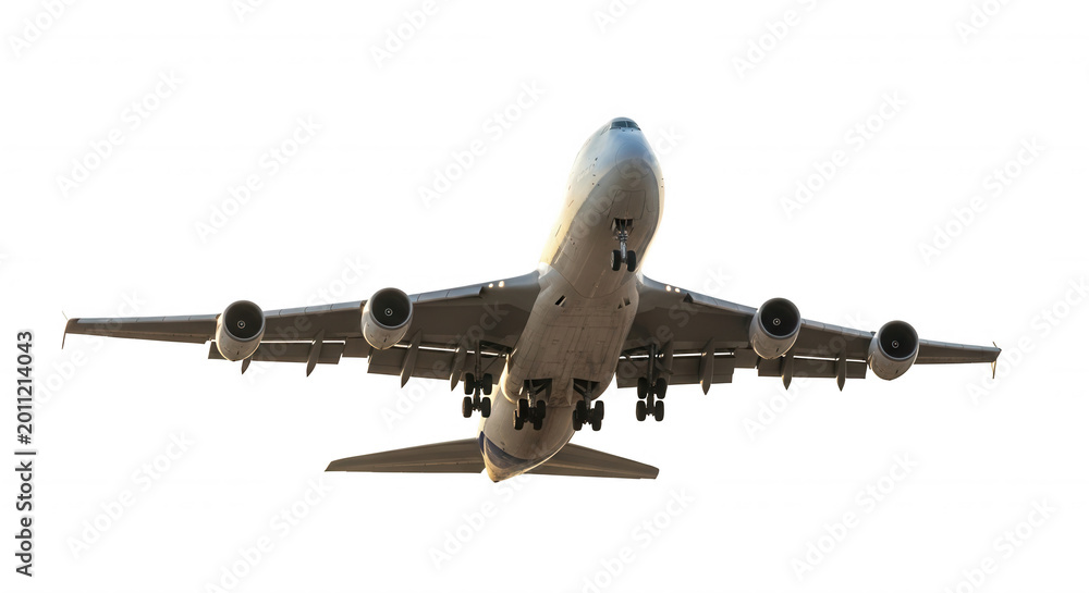 Fototapeta premium A large white passenger airplane flying in the sky with landing gear extended, viewed from below against a solid black background