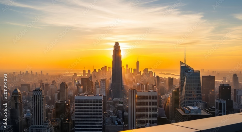 Fototapeta premium Aerial view of modern city skyline during golden hour. Dense urban area with skyscrapers silhouette against vibrant sunset. Business district development and real estate landscape.