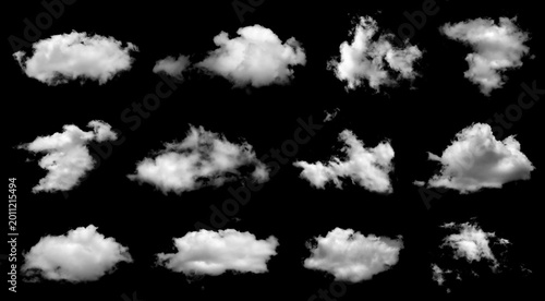 collection abstract white fluffy cloud isolated on a black background. design use cloud transparent in nature, blending with smoke in the sky, floating softly with a light texture