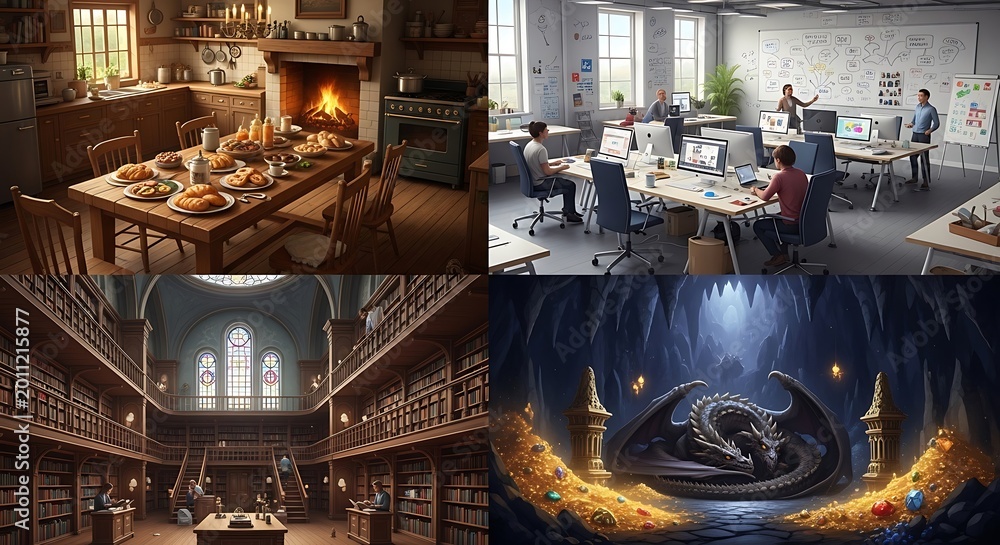 Fototapeta premium Four digitally created images a cozy kitchen, a modern office, a library, and a dragon's lair