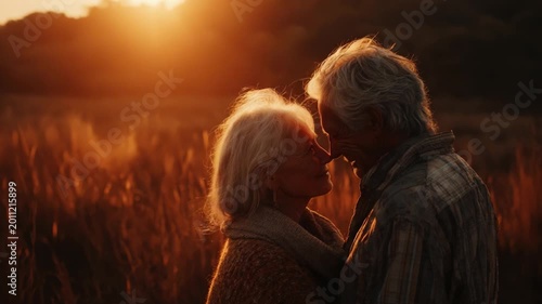 AnInspiringMomentBetweenTwoElderlyCoupleEmbracingTheirLoveAtSunsetSurroundedByNature'sBeauty