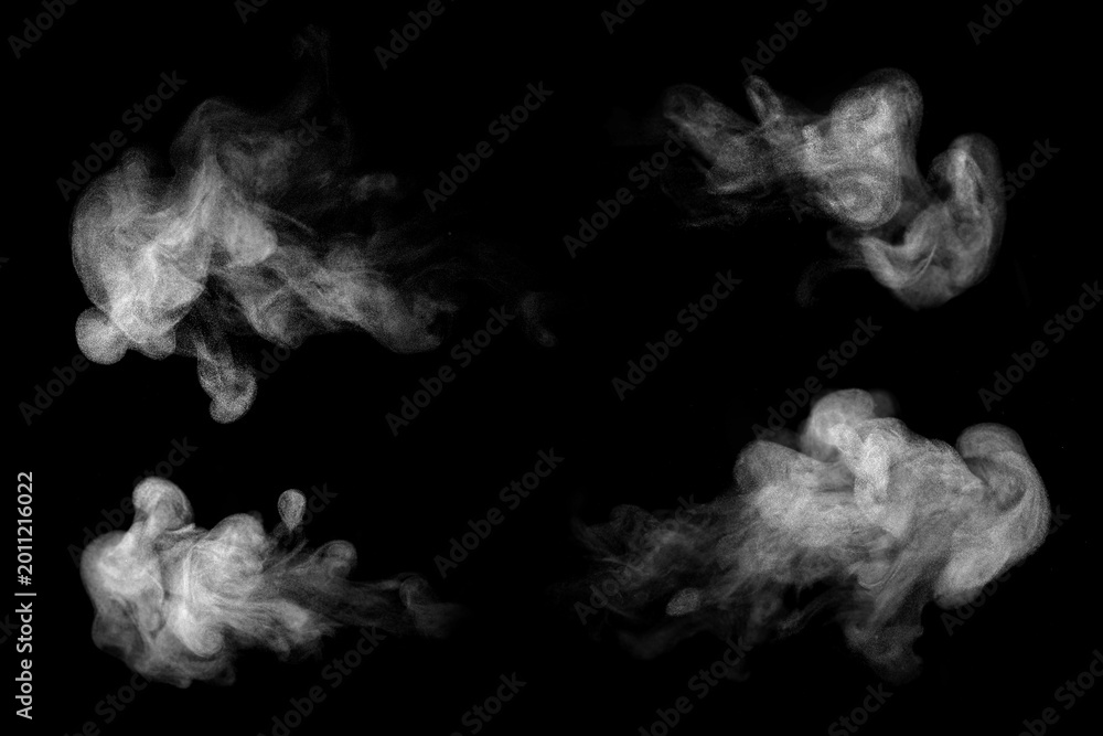 Obraz premium set abstract white cold steam and smoke isolated on black background. smog in light and dark tones with rising mist. haze, vapor, fog, atmospheric effect. creating a soft food, coffee, and cigarettes