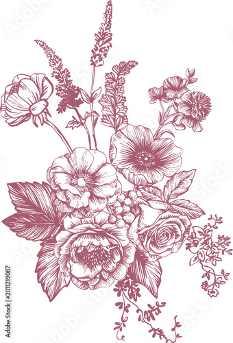 Canvas Print Toile de Jouy is a sweet monochrome bouquet of lush garden flowers and berries in a traditional French style