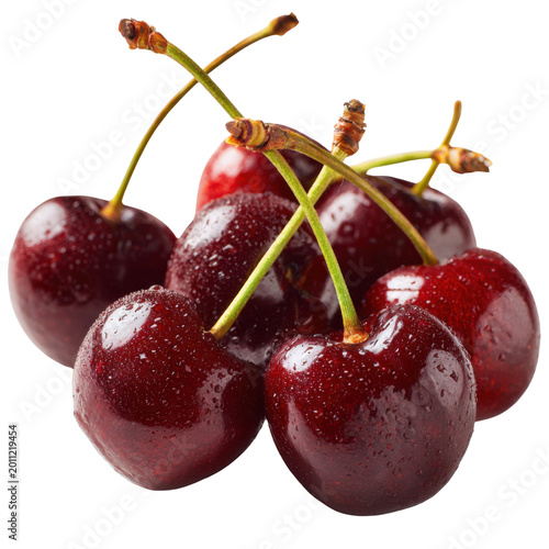 Fresh red cherries with water drops juicy sweet summer fruit healthy organic snack natural food photography isolated studio composition on white background