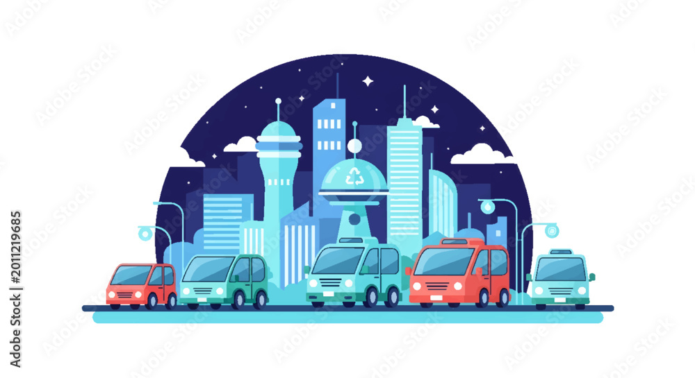 Naklejka premium Futuristic urban city skyline illustration with modern cars driving on a street at night, depicting smart city transportation and technology.