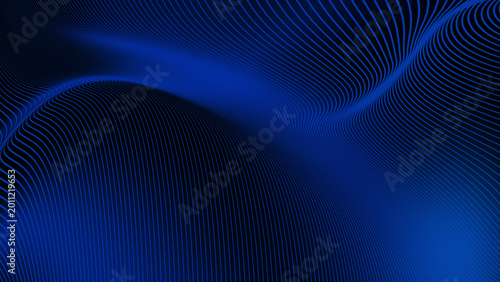It consists of thousands of thin blue lines that curve and overlap, creating an effect of depth and dimension like silk cloth blowing in the wind or waves of energy.