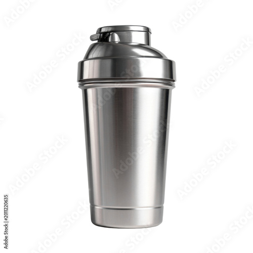Stainless steel protein shaker bottle with secure lid isolated for gym fitness nutrition hydration supplement mixing durable modern design on white background