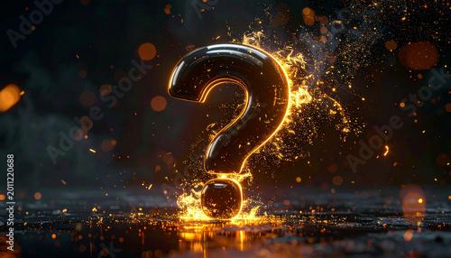 Glossy black question mark surrounded by bright golden fire, glowing sparks, and dramatic lighting, creating mysterious and energetic atmosphere on dark reflective surface